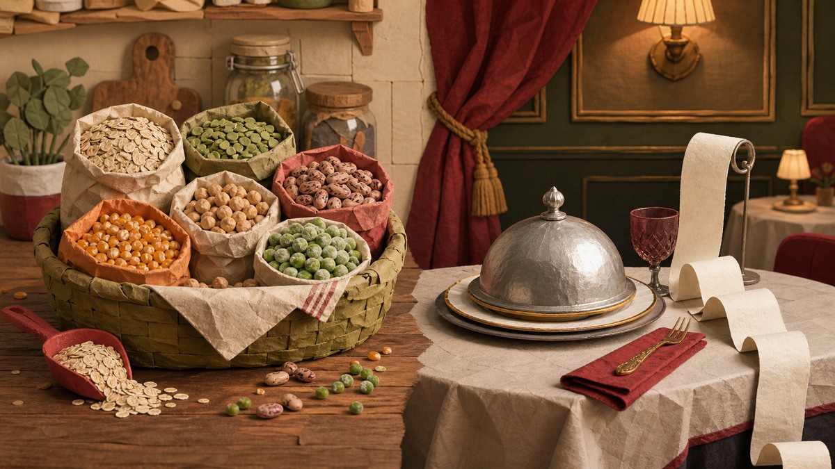 Editorial illustration contrasting a pantry basket of oats, beans, and popcorn with an oversized restaurant receipt