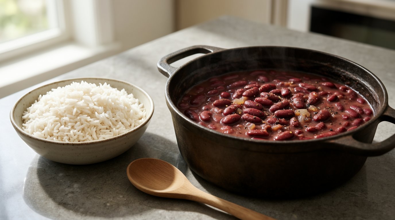 A pot of simmered red kidney beans next to a bowl of white rice and a wooden spoon