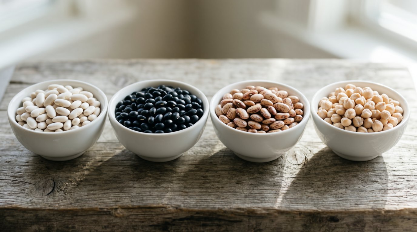 Small bowls of dry navy, black, pinto, and chickpea beans lined up on a wooden board