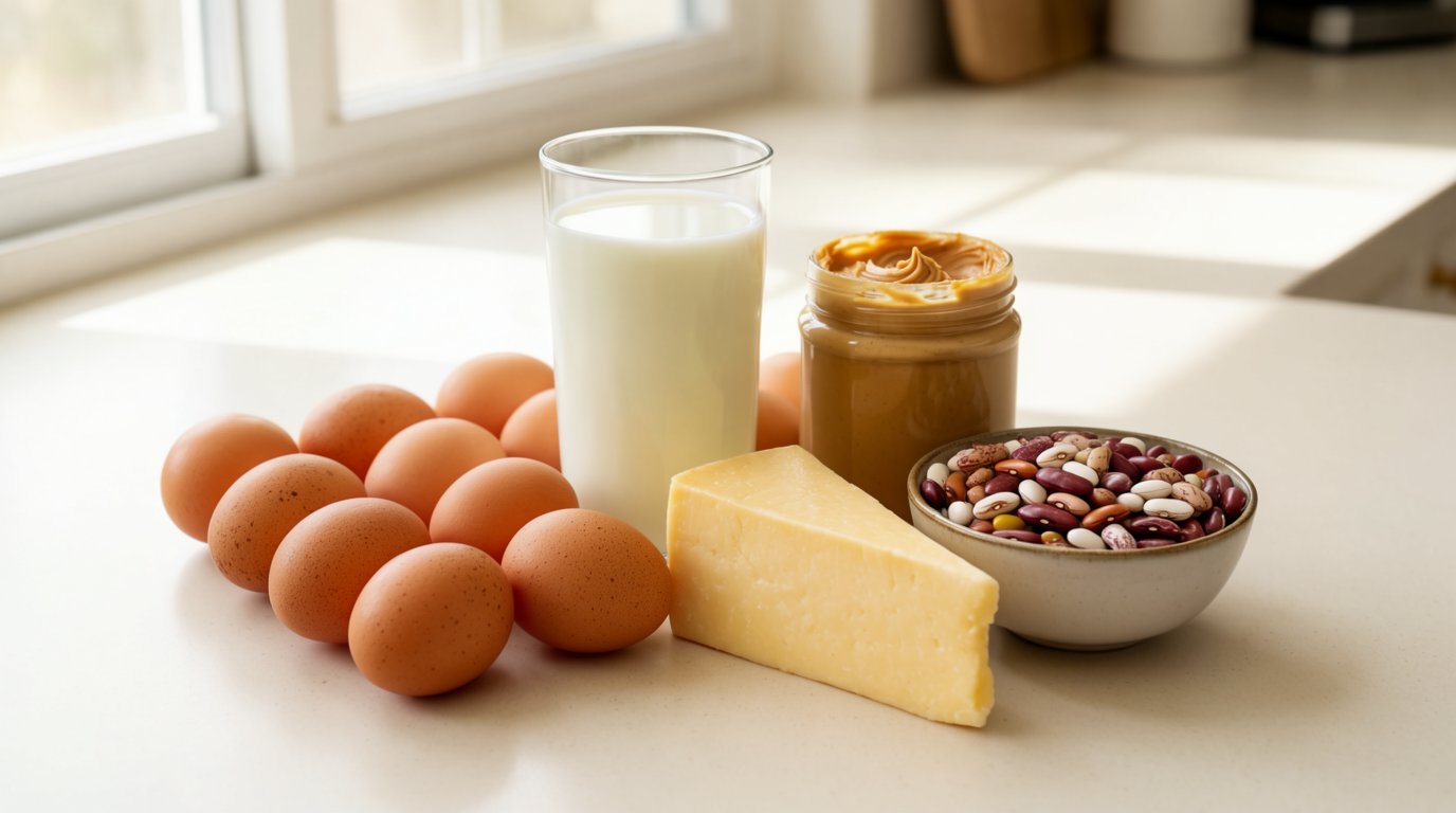Eggs, a glass of milk, a block of cheese, a jar of peanut butter, and dry beans grouped on a counter
