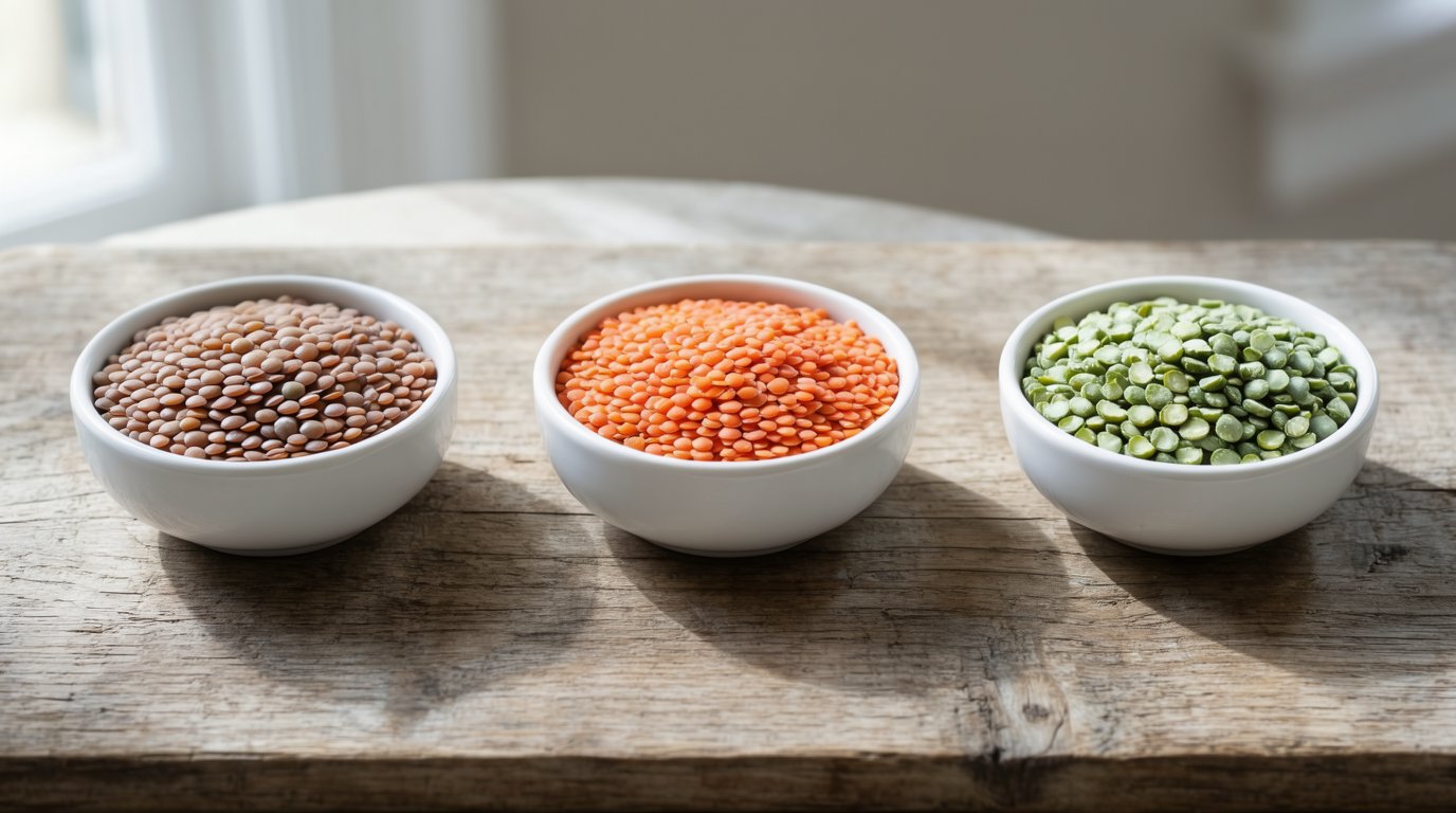 Three bowls holding brown lentils, red lentils, and green split peas side by side on a wooden board