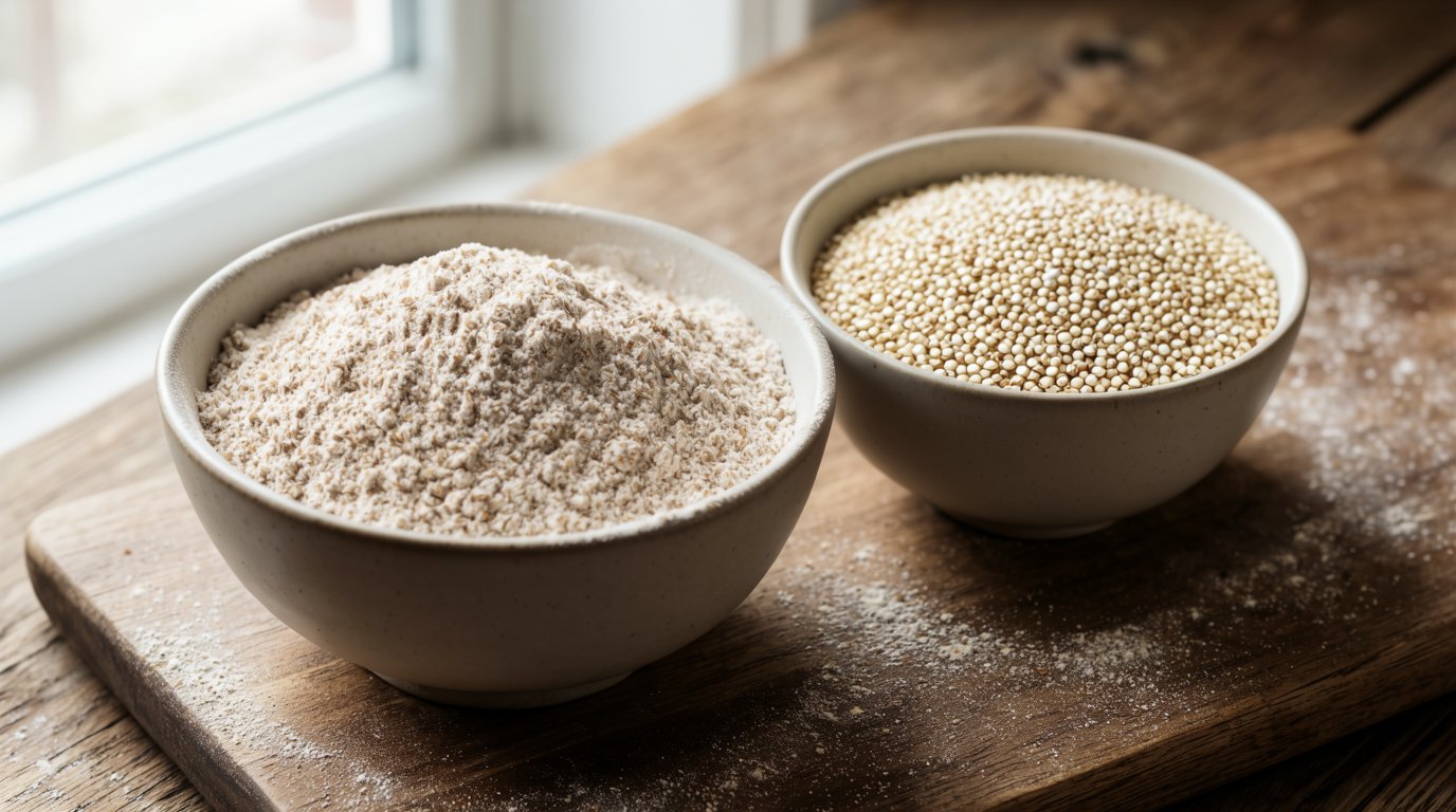 A bowl of whole wheat flour next to a bowl of dry quinoa on a floured wooden board