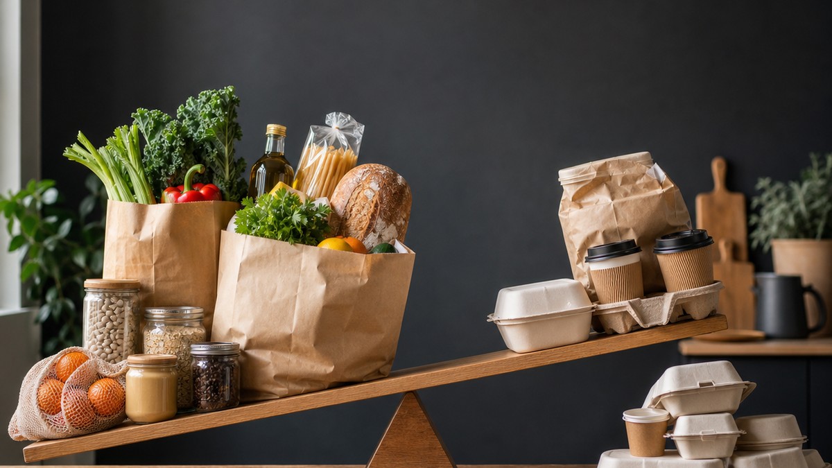 A larger grocery receipt beside fewer takeout containers, coffee cups, and delivery bags on a kitchen counter